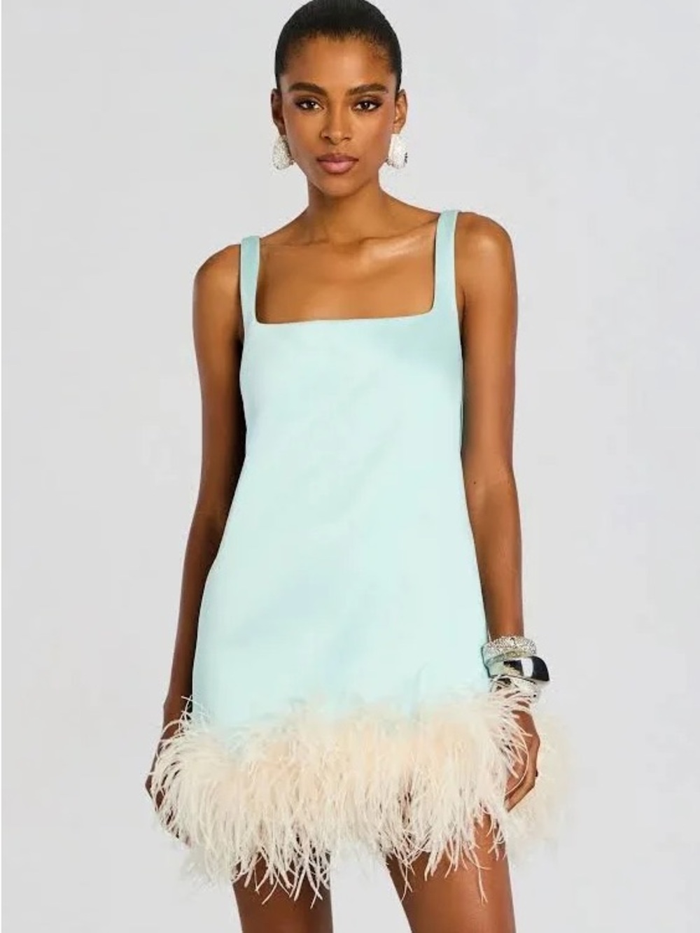 Retrofete Mint Feather-Hem Square-Neck Mini Dress